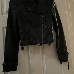 BEBE Genuine Leather Cropped Jacket with Zippers & Snaps